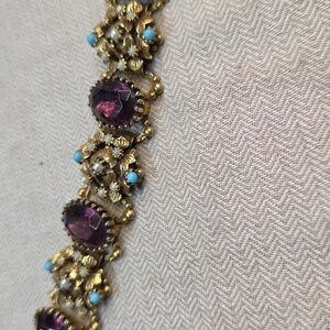 Vintage Purple Glass Chunky Book Chain Bracelet, Gold toned, 1950's 1960's SZ 7